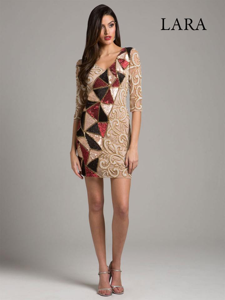 Lara Dresses - 33576 Beaded Quarter Sleeve V-neck Sheath Dress