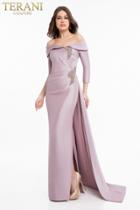 Terani Couture - 1821m7550 Folded Off Shoulder Quarter Sleeve Gown
