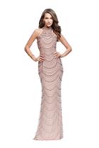 La Femme - 25930 Beaded Metallic Halter Open Back Sheath Gown