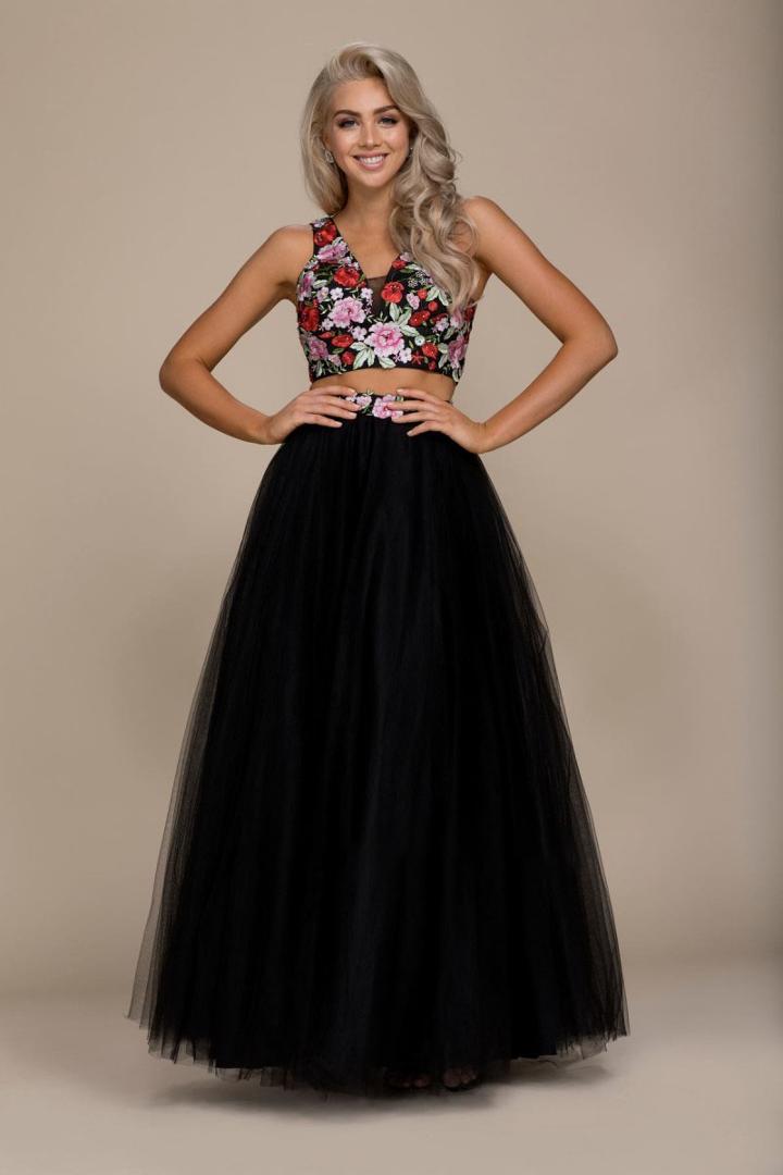 Nox Anabel - Q012 Two Piece Floral Embroidered V-neck A-line Dress