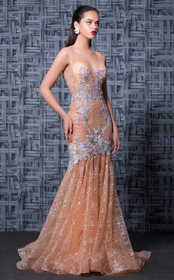 Mnm Couture - K3601 Embroidered Illusion Fitted Trumpet Dress