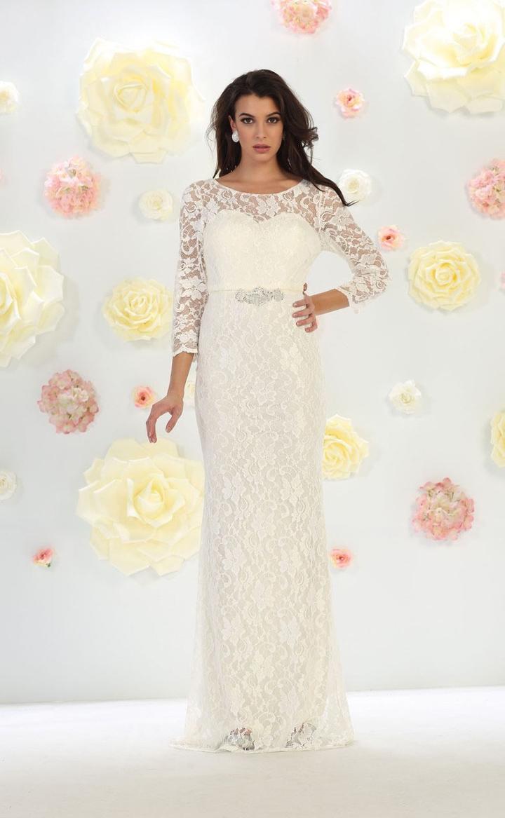 May Queen - Mq1454 Lace Illusion Bateau Sheath Dress