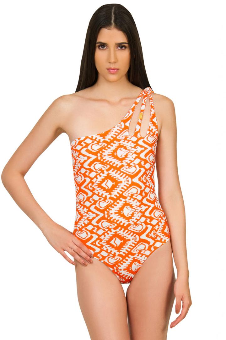 Caffe Swimwear - One Shoulder Strap One Piece In Orange/white