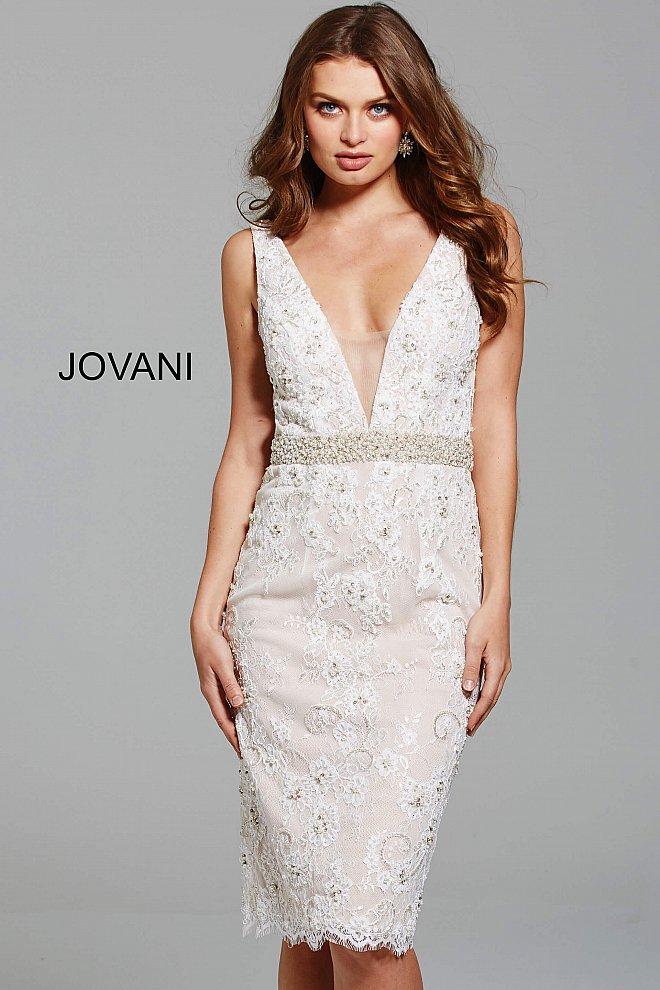Jovani - 53031 Beaded Lace Deep V-neck Sheath Dress