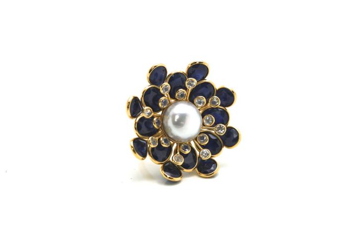 Tresor Collection - Blue Sapphire, White Sapphire And Pearl Flower Ring In 18k Yellow Gold