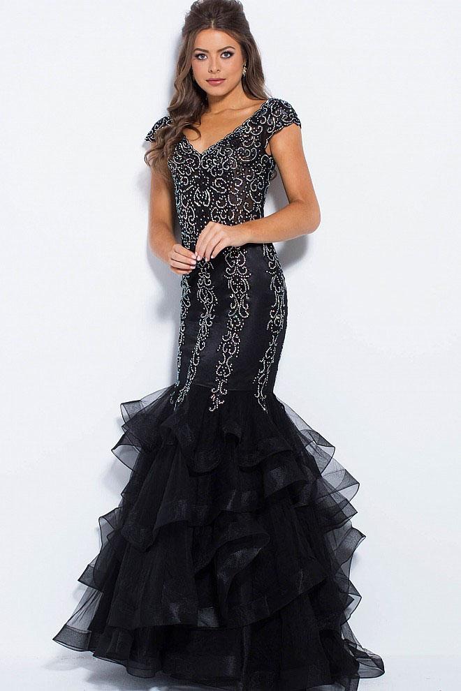 Jovani - Jvn55878 Embellished Wide V-neck Tiered Mermaid Dress