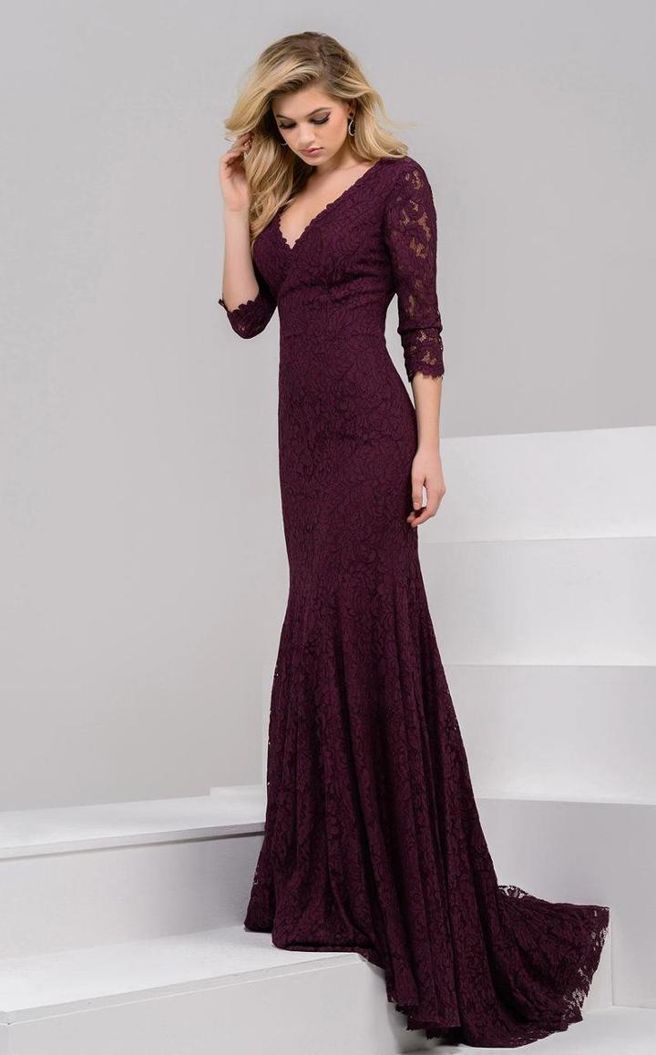 Jovani - 39718 V Neck Quarter Length Sleeves Long Dress