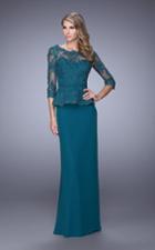 La Femme - 21709 Floral Lace Bateau Quarter Length Sleeves Long Dress