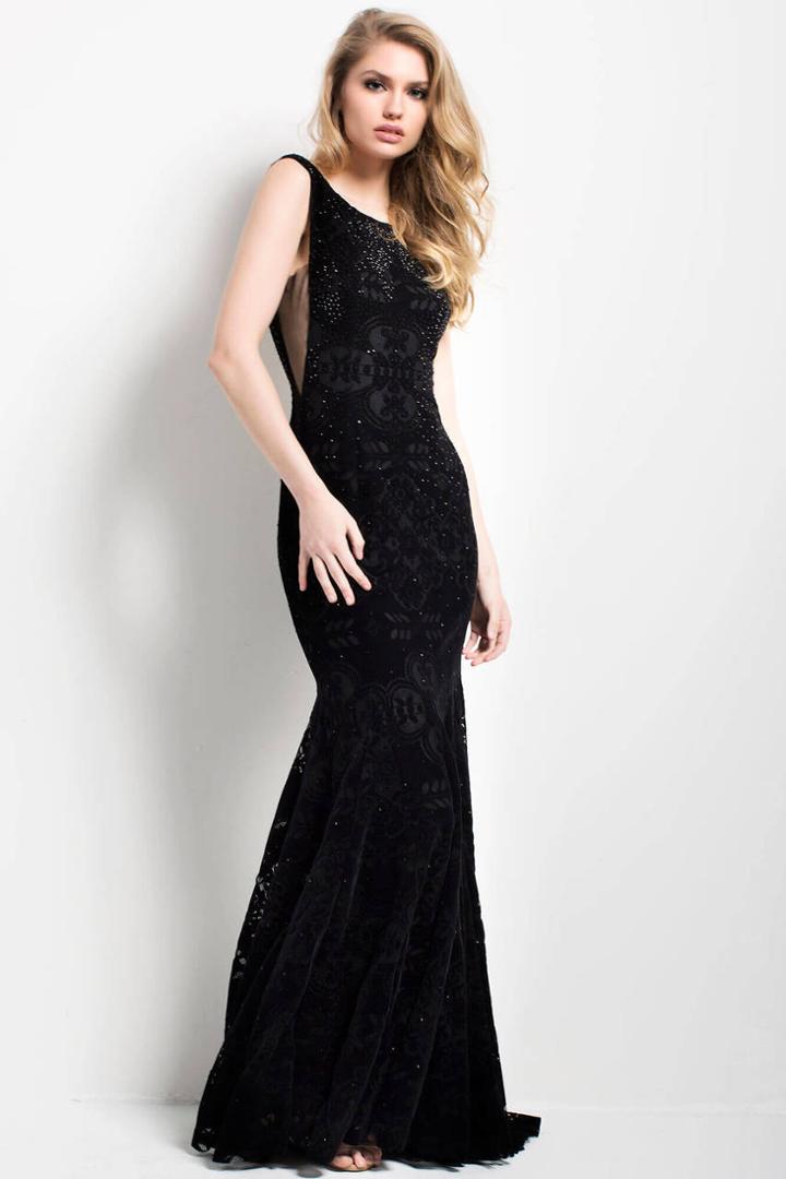 Jovani - 52092 Sleeveless Sheer Panel Velvet Gown