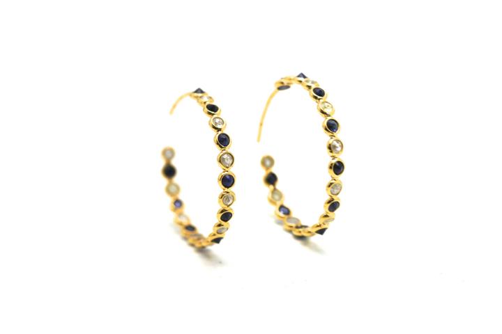 Tresor Collection - Rose Cut Champaign Diamond & Sapphire Hoop Earrings In Yellow Gold