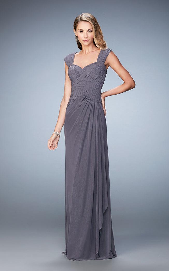 La Femme - 21783 Criss Cross Ruched Cap Sleeves Sheath Long Dress