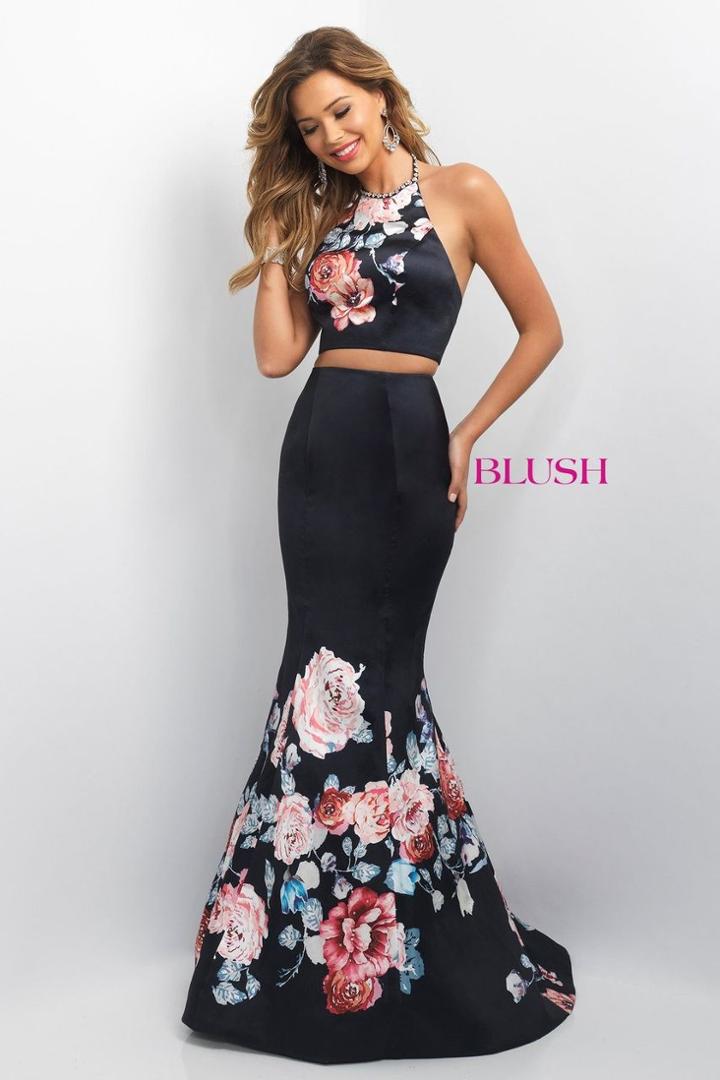 Blush - Two-piece Floral Halter Neck Satin Mermaid Gown 11137