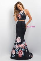 Blush - Two-piece Floral Halter Neck Satin Mermaid Gown 11137
