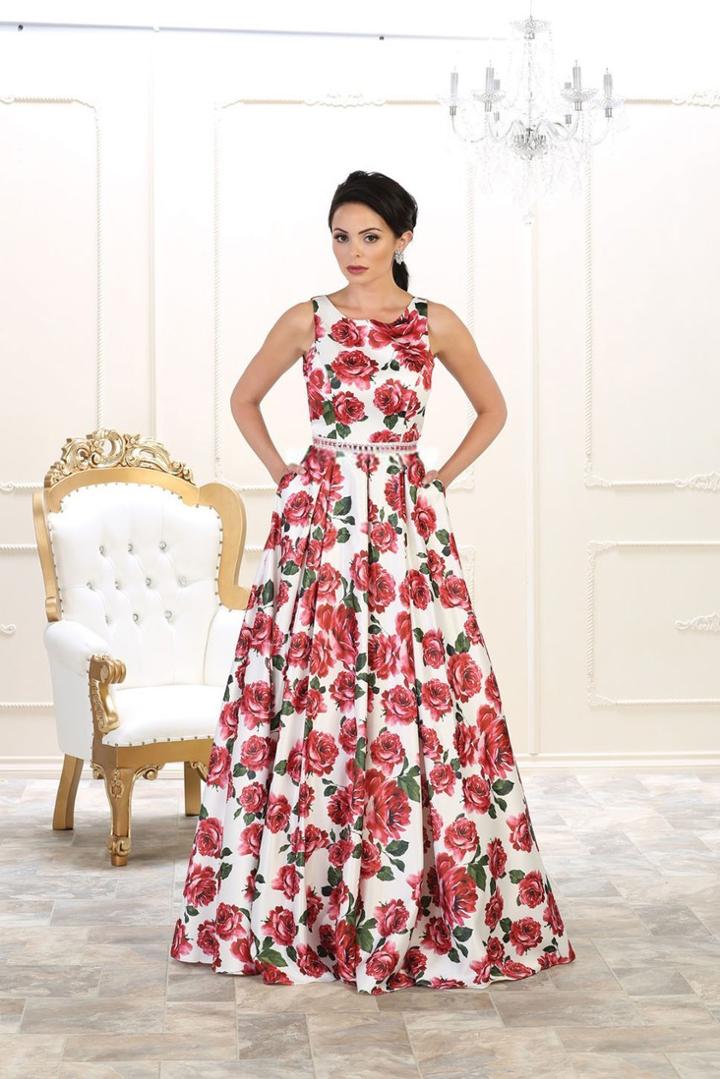 May Queen - Mq1496 Sleeveless Floral Satin Print Dress