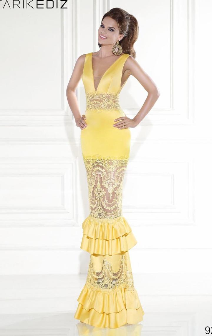 Tarik Ediz - V Neckline Tiered Lace Gown 92589