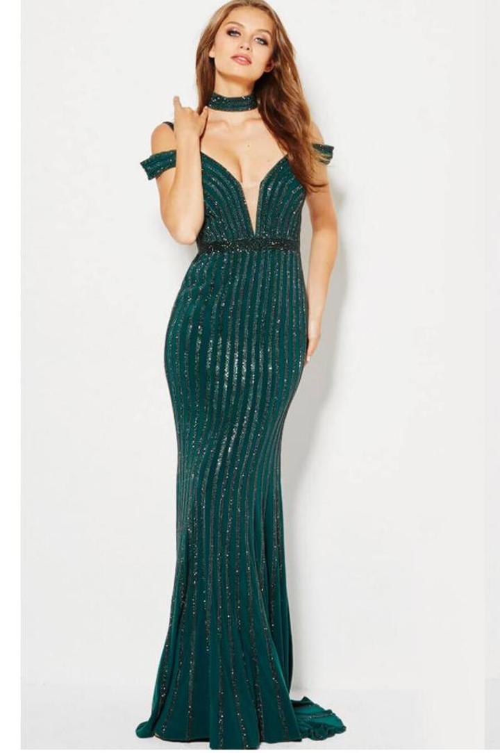 Jovani - 56004 Stripe Beaded Off-shoulder Gown