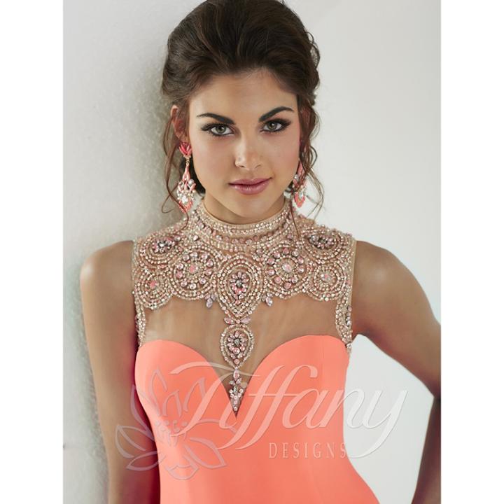 Tiffany Designs - Rhinestone Embellished High Neckline Mermaid Dress
