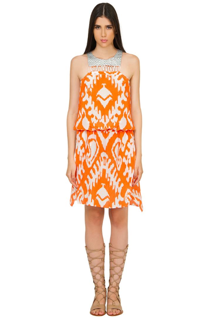 Caffe Swimwear - Crossing String Halter Short Dress In Orange