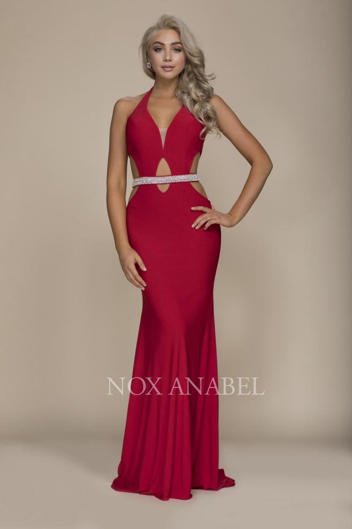Nox Anabel - A046 Halter V-neck Beaded Sheath Dress