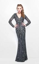Primavera Couture - Spectacular Plunging V-neck Long Sleeve Sheath Gown 1755