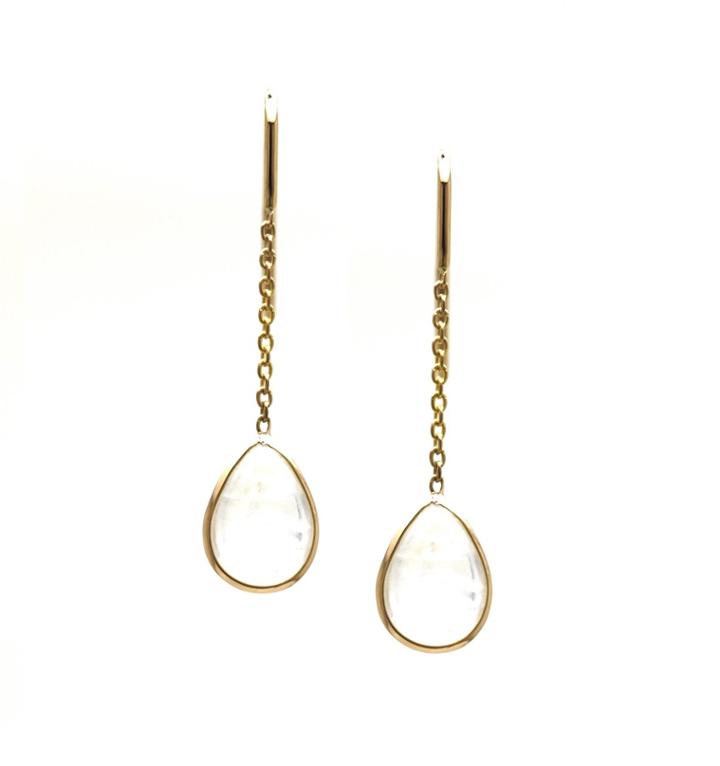 Tresor Collection - Rainbow Moonstone Pear Cabochon Dangle Earring In 18k Yellow Gold