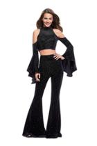 La Femme - 25410 Cold Shoulder Bell Sleeves Velvet Pantsuit