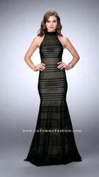 La Femme - Eye-catching High Neck Striped Fishnet Dress 24076