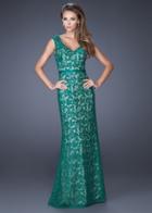 La Femme - 20450 Elegant V-neck Lace Long Evening Dress