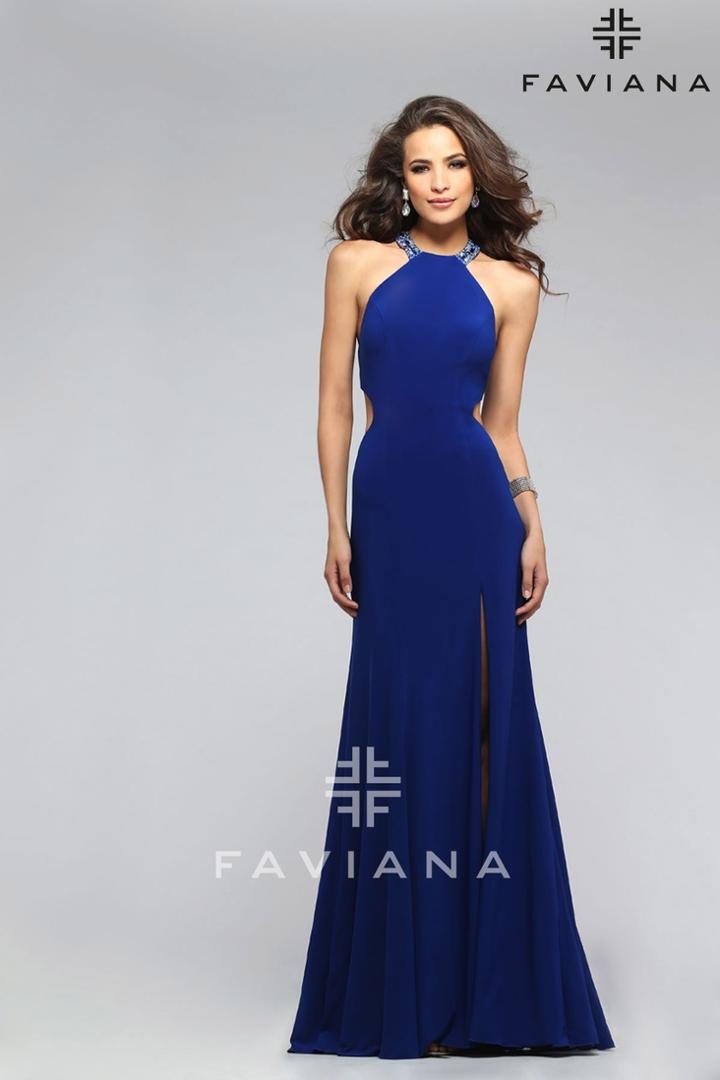 Faviana - Bejeweled High Halter Evening Gown With Side Cut-outs 7543
