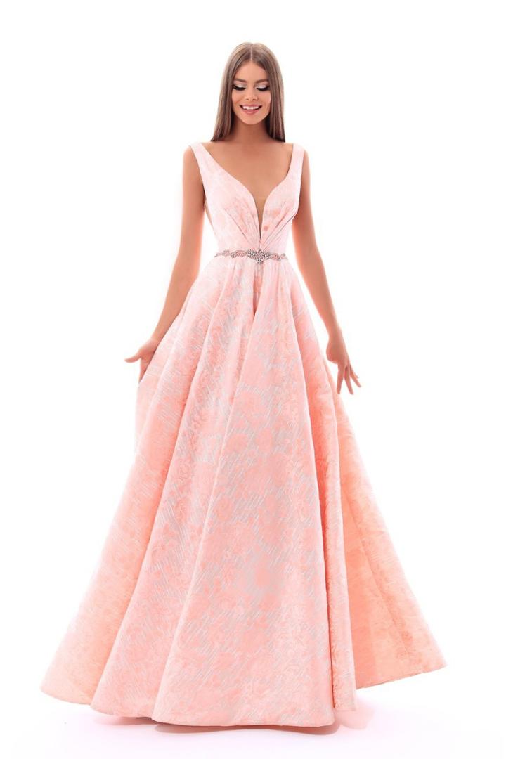 Tarik Ediz - 50209 Deep V-neck Floral Jacquard Ballgown