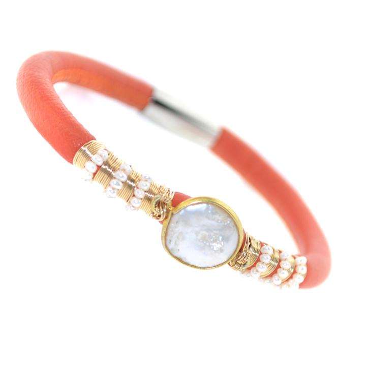 Mabel Chong - Single Orange Pearl Leather Bracelet