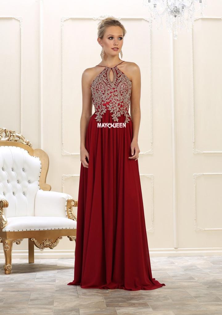 May Queen - Beaded Appliqued Halter Evening Dress