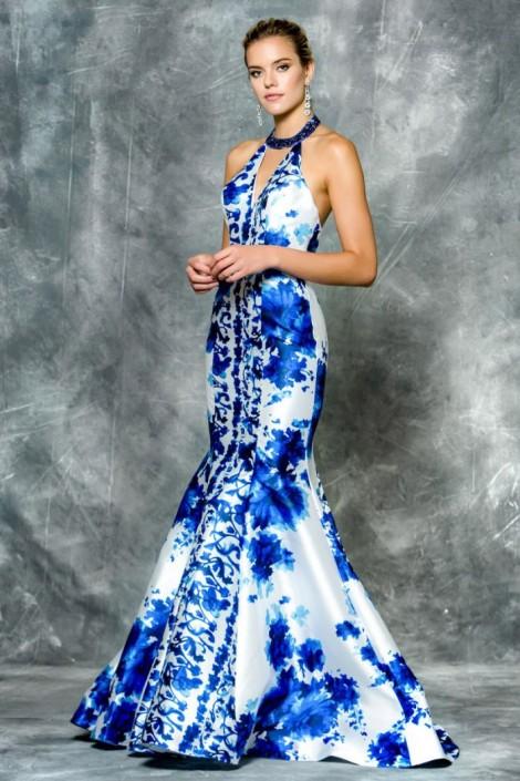 Colors Dress - 1660 Halter Neck Mikado Print Evening Gown