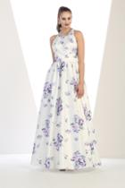 May Queen - Rq7426 Jewel Neck Floral Print Satin Gown