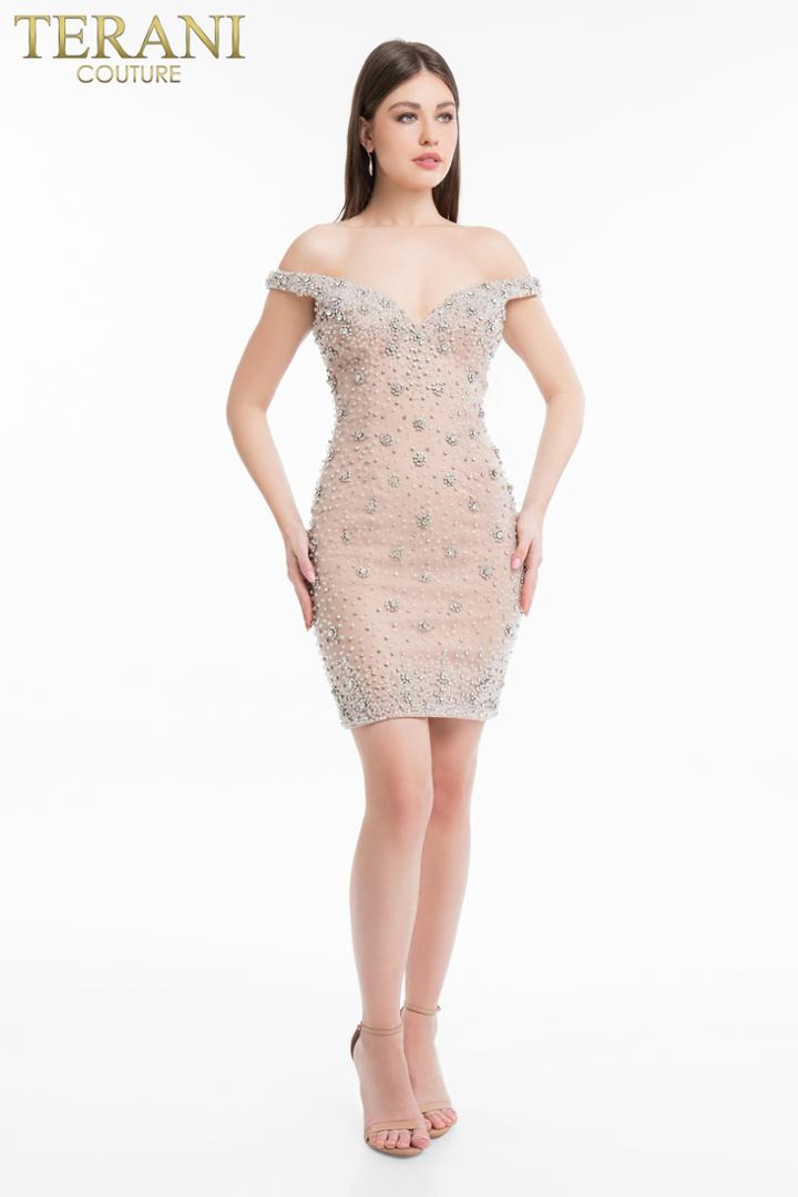 Terani Couture - 1821h7779 Beaded Off Shoulder Fitted Cocktail Dress