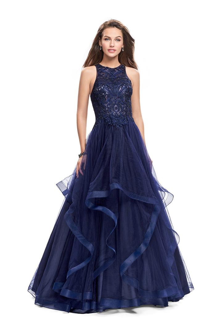 La Femme Gigi - 26386 Embellished Halter Neck Tiered A-line Gown