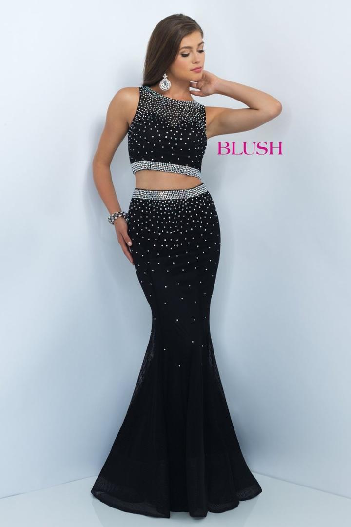 Blush - Two-piece Sparkling Bare Midriff Trumpet Gown 11033