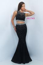 Blush - Two-piece Sparkling Bare Midriff Trumpet Gown 11033