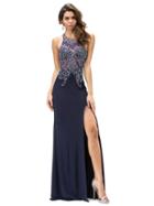 Jeweled Halter Fit And Flare Dress With Slit