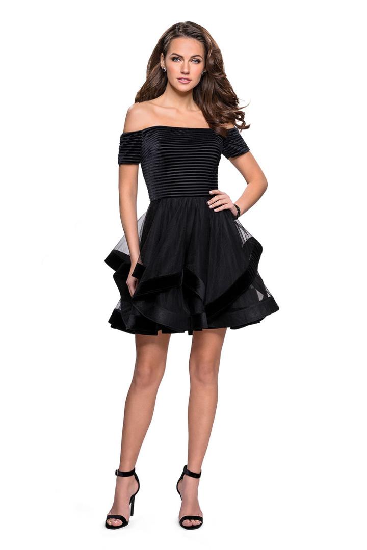 La Femme - 26751 Stripe Velvet Off Shoulder Tiered Dress