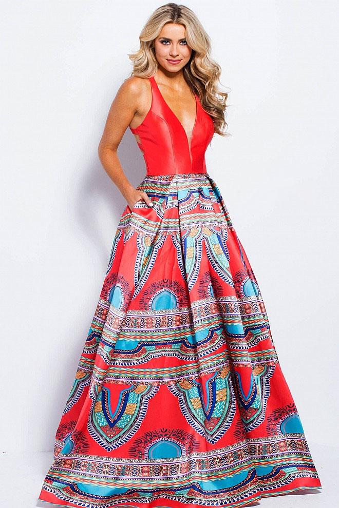 Jovani - Jvn58590 Deep V-neck Printed Ballgown