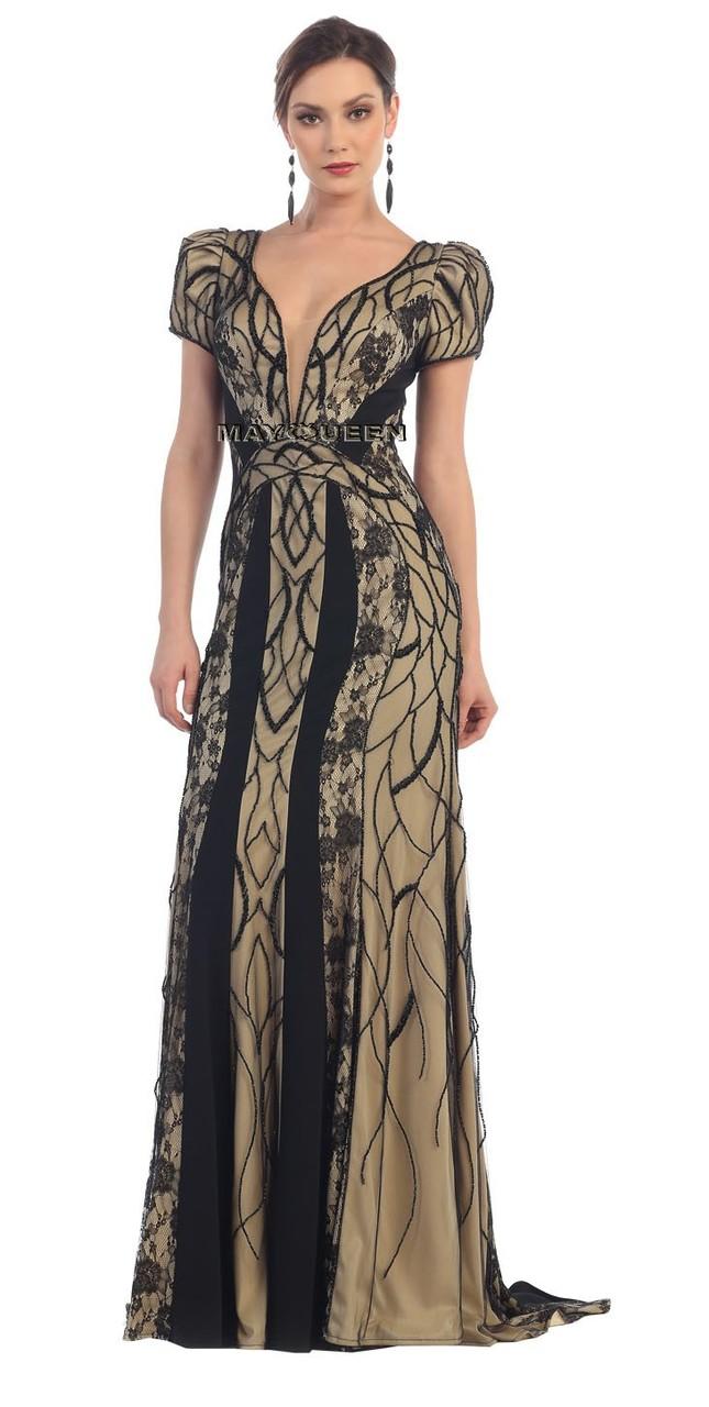 Deep V- Neck Two-tone Embellished Sheath Gown