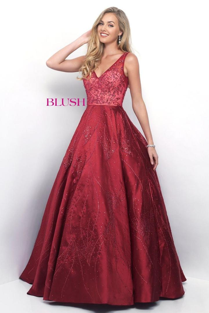 Blush - Impressive V-neck Illusion Mikado A-line Gown 7112