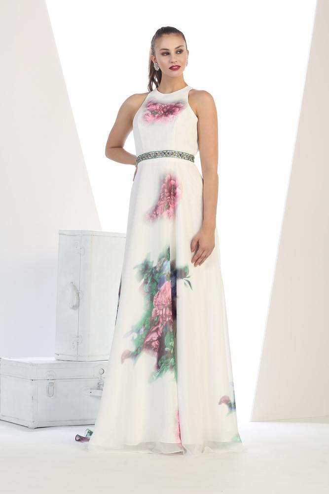 May Queen - Rq7427 Sleeveless Printed Chiffon Long Dress