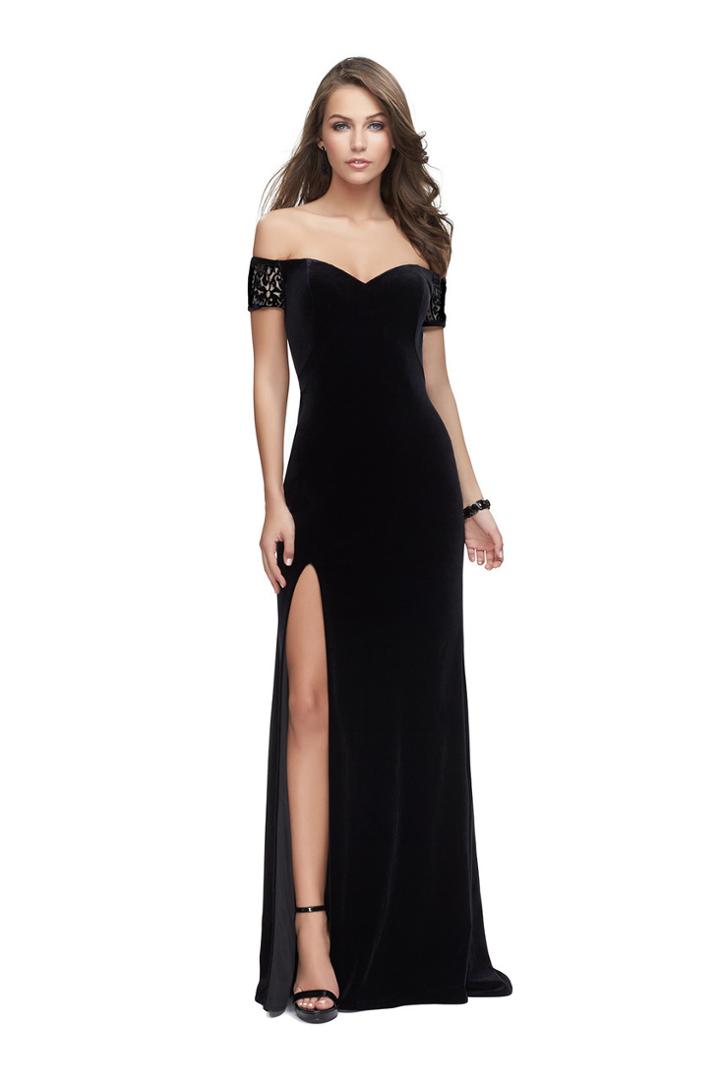 La Femme - 25554 Off-shoulder Velvet Gown With Side Slit