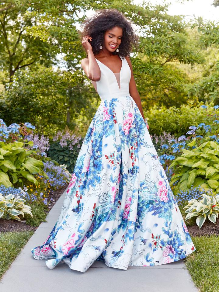 Clarisse - 3538 Deep V-neck Floral Mikado Evening Gown