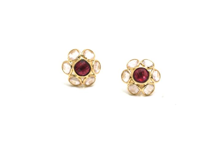 Tresor Collection - Rose Quartz And Pink Tourmaline Medium Flower Stud Earrings In 18k Yellow Gold