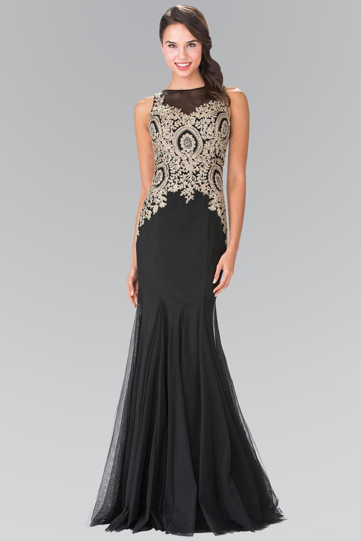 Elizabeth K - Gold Embroidered Tulle Trumpet Gown Gl2283