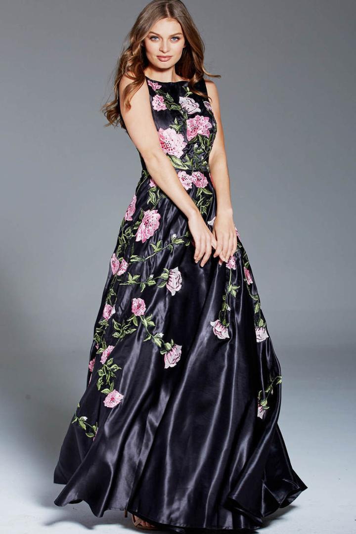 Jovani - 48426 Floral Embroidered Satin A-line Gown