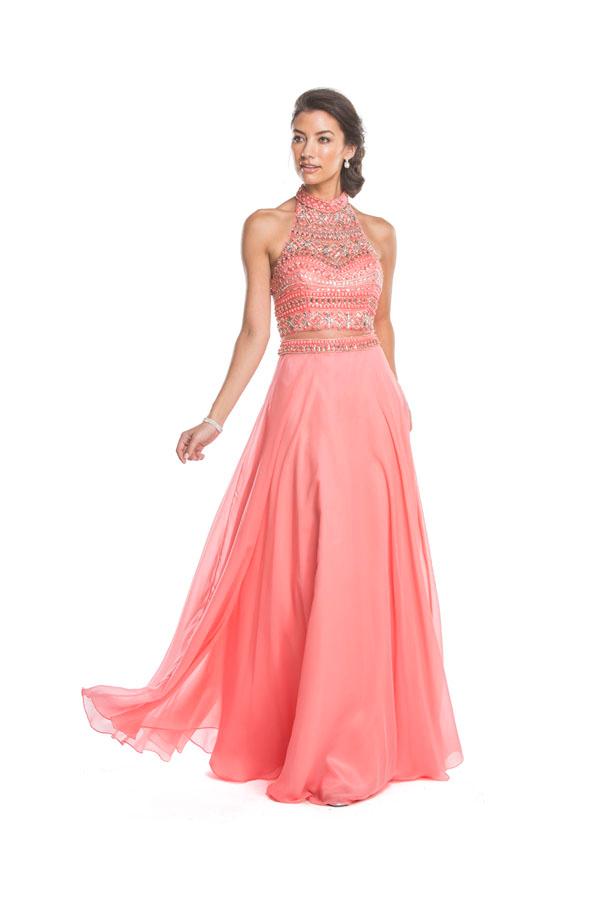 Aspeed - L1549 Beaded High Halter A-line Evening Dress